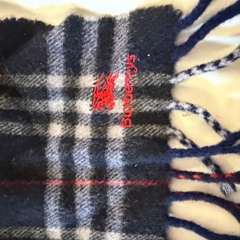 Vintage Burberry Blue Check Fringe Scarf 100% Wool Made in England